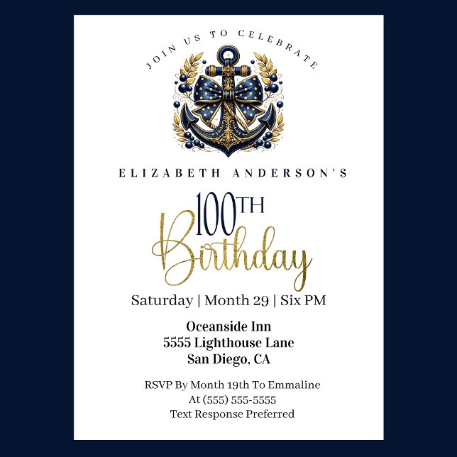 Blue and Gold Nautical Bow Anchor 100th Birthday Invitation (Blue and gold nautical 100th birthday invitation)