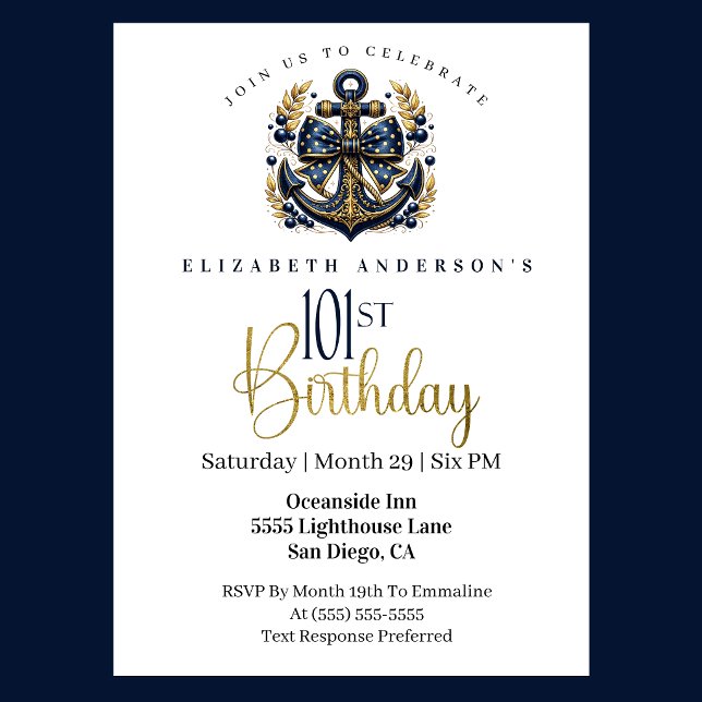 Blue and Gold Nautical Bow Anchor 101st Birthday Invitation (Blue and gold nautical 101st birthday invitation)