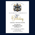 Blue and Gold Nautical Bow Anchor 21st Birthday Invitation<br><div class="desc">Celebrate in timeless coastal elegance with this navy blue and gold nautical 21st birthday invitation. Featuring a sophisticated anchor motif adorned with a decorative bow and refined maritime accents, this design blends classic seaside charm with modern luxury. Perfect for oceanfront parties, yacht celebrations, beach gatherings, or coastal-themed events, it sets...</div>