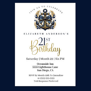 Blue and Gold Nautical Bow Anchor 21st Birthday Invitation