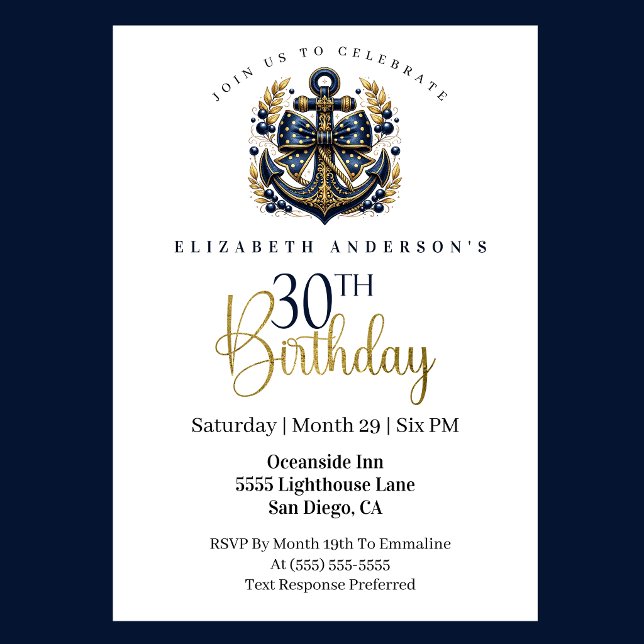 Blue and Gold Nautical Bow Anchor 30th Birthday Invitation (Blue and gold nautical anchor 30th birthday invitation)