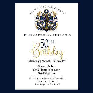 Blue and Gold Nautical Bow Anchor 50th Birthday Invitation