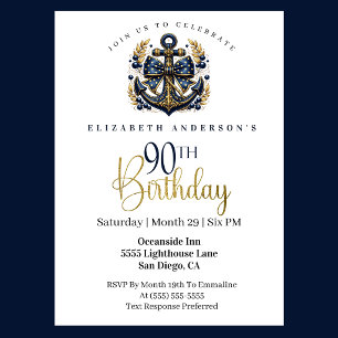 Blue and Gold Nautical Bow Anchor 90th Birthday Invitation