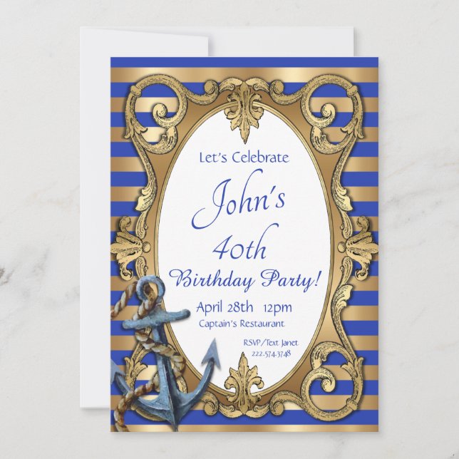 Blue and Gold Nautical  Invitation (Front)