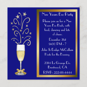 Blue and Gold New Years Eve Party Invitations