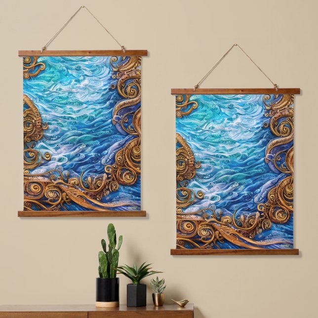 Blue and Gold Ocean  Ripple Waves Abstract Art Hanging Tapestry (Asymmetrical)