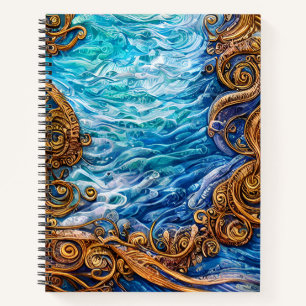 Blue and Gold Ocean Ripple Waves Abstract Art Notebook