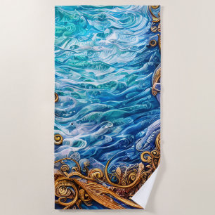 Blue and Gold Ocean  Ripple Waves Abstract Beach Towel
