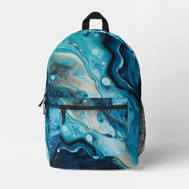 Blue and Gold Ocean Waves Printed Backpack (Front)