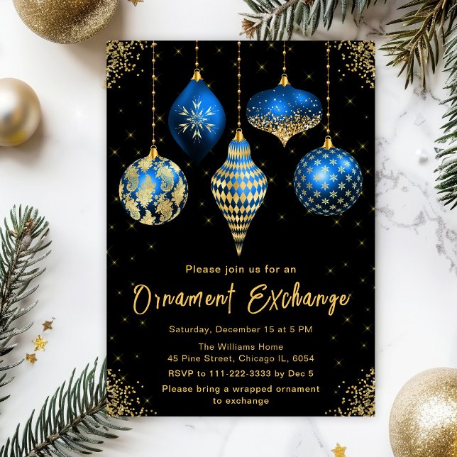 Blue and Gold Ornament Exchange Party Invitation (Creator Uploaded)
