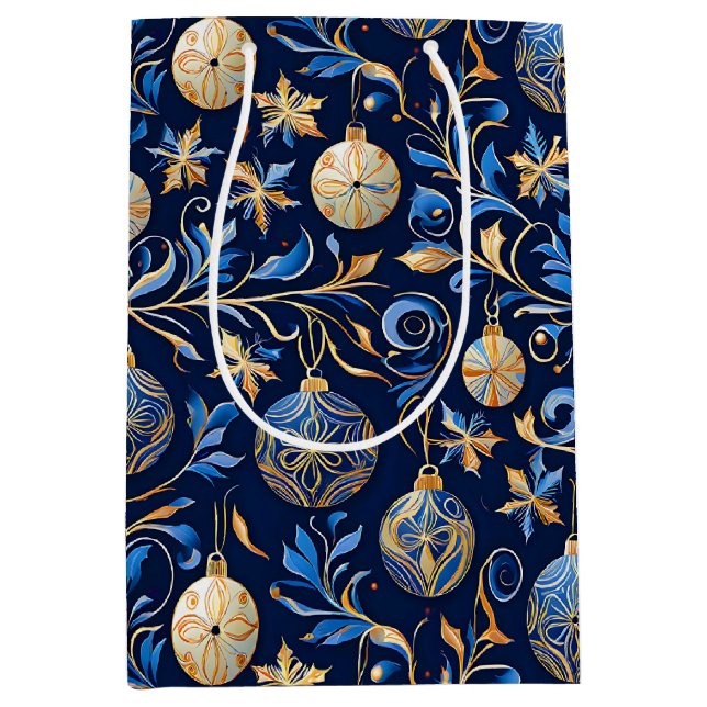 Blue and Gold Ornamental Christmas Designs Medium Gift Bag (Front)