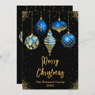 Blue and Gold Ornaments Merry Christmas Holiday Card