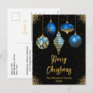 Blue and Gold Ornaments Merry Christmas Holiday Postcard