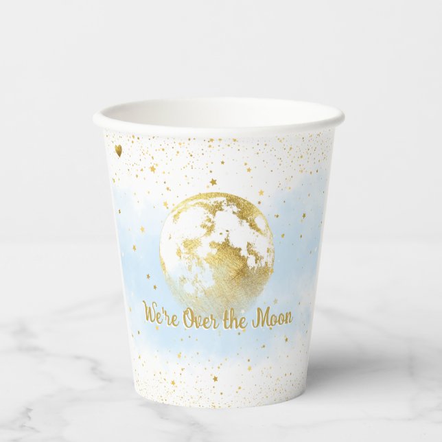 Blue and Gold Over the Moon Baby Shower Paper Cups (Front)