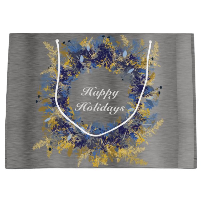 Blue and Gold Painted Wreath Large Gift Bag (Front)
