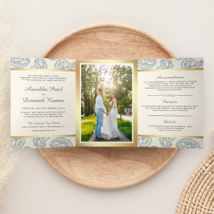 Blue and Gold Paisley Indian Style Wedding Photo Tri-Fold Invitation