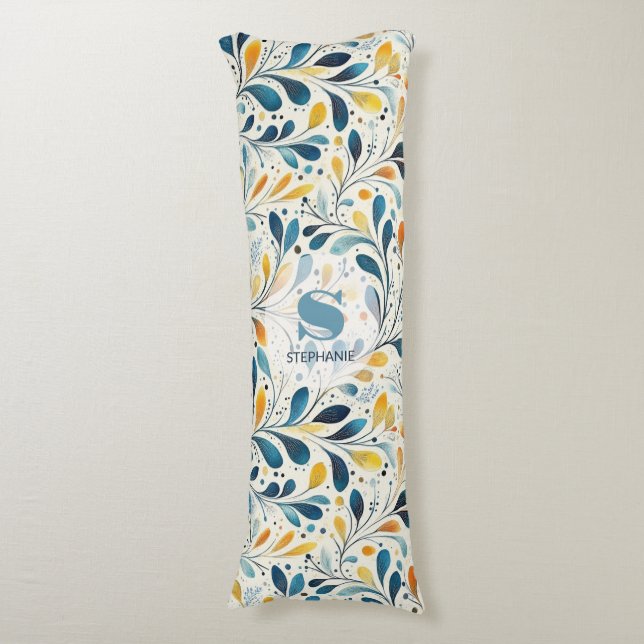 Blue and Gold Paisley Leaf Pattern (2) Body Cushion (Front Vertical)