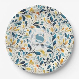 Blue and Gold Paisley Leaf Pattern (2) Paper Plate