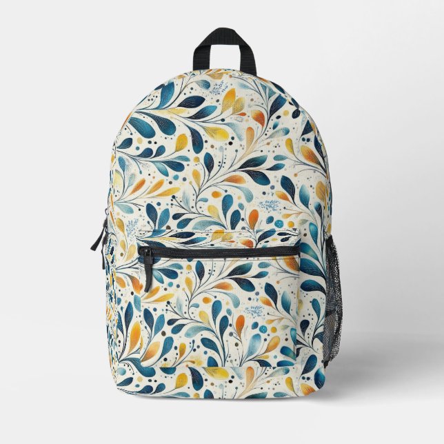 Blue and Gold Paisley Leaf Pattern (2) Printed Backpack (Front)