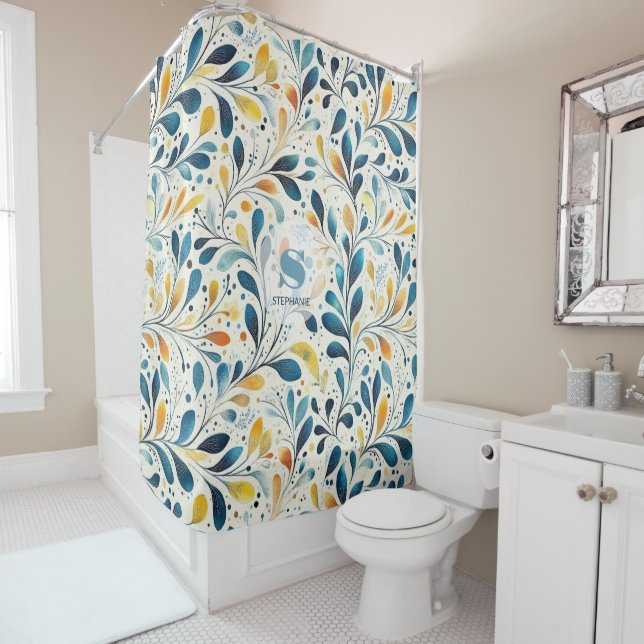 Blue and Gold Paisley Leaf Pattern (2) Shower Curtain (In Situ)