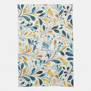 Blue and Gold Paisley Leaf Pattern (2) Tea Towel