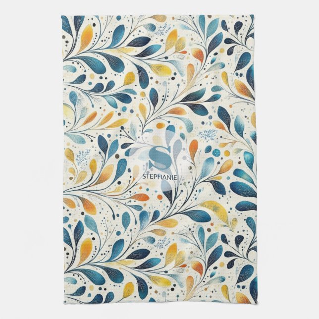 Blue and Gold Paisley Leaf Pattern (2) Tea Towel (Vertical)