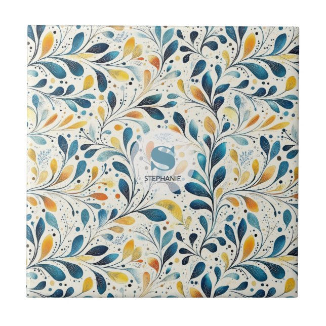 Blue and Gold Paisley Leaf Pattern (2) Tile (Front)