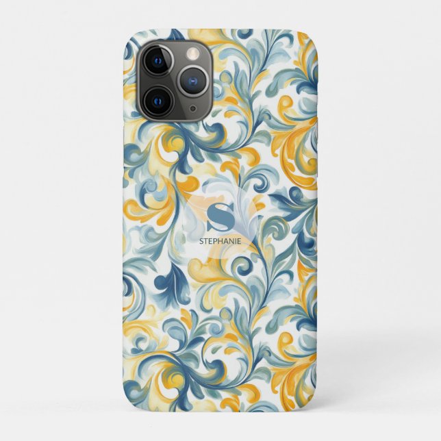 Blue and Gold Paisley Leaf Pattern Case-Mate iPhone Case (Back)