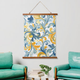 Blue and Gold Paisley Leaf Pattern Hanging Tapestry