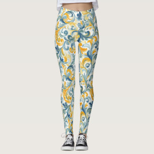 Blue and Gold Paisley Leaf Pattern Leggings