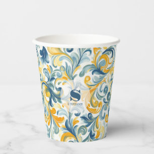 Blue and Gold Paisley Leaf Pattern Paper Cups
