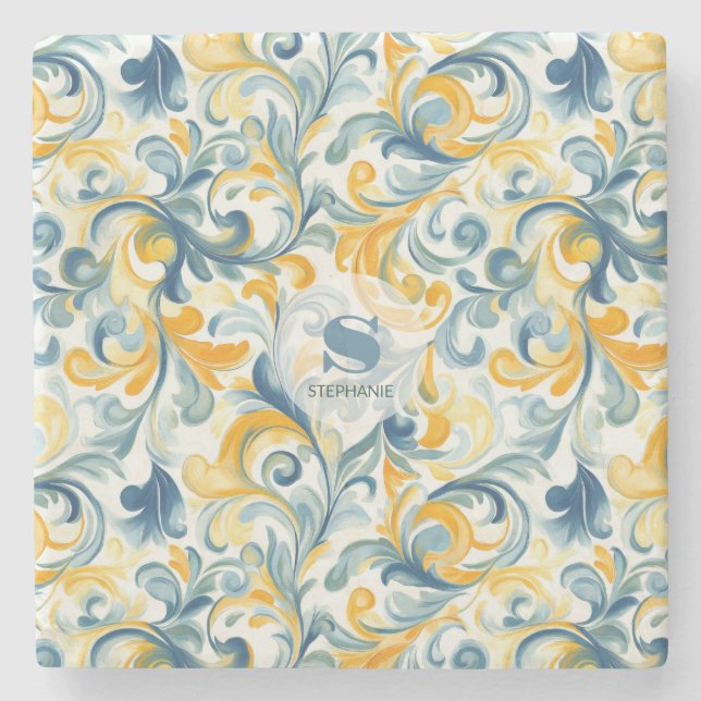 Blue and Gold Paisley Leaf Pattern Stone Coaster (Front)