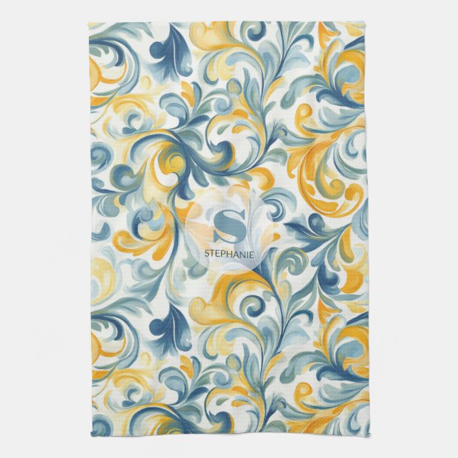 Blue and Gold Paisley Leaf Pattern Tea Towel (Vertical)