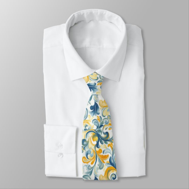 Blue and Gold Paisley Leaf Pattern Tie (Tied)