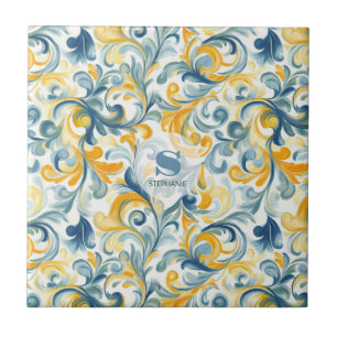 Blue and Gold Paisley Leaf Pattern Tile