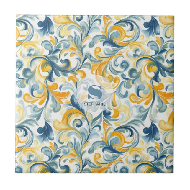 Blue and Gold Paisley Leaf Pattern Tile (Front)