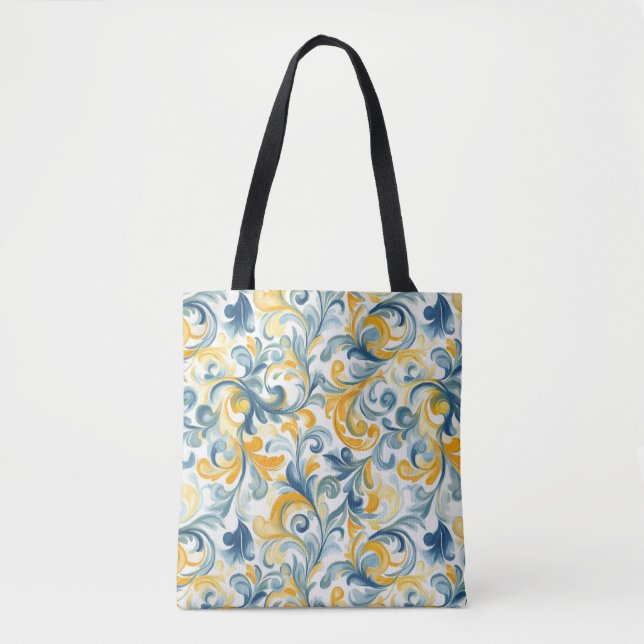 Blue and Gold Paisley Leaf Pattern Tote Bag (Front)