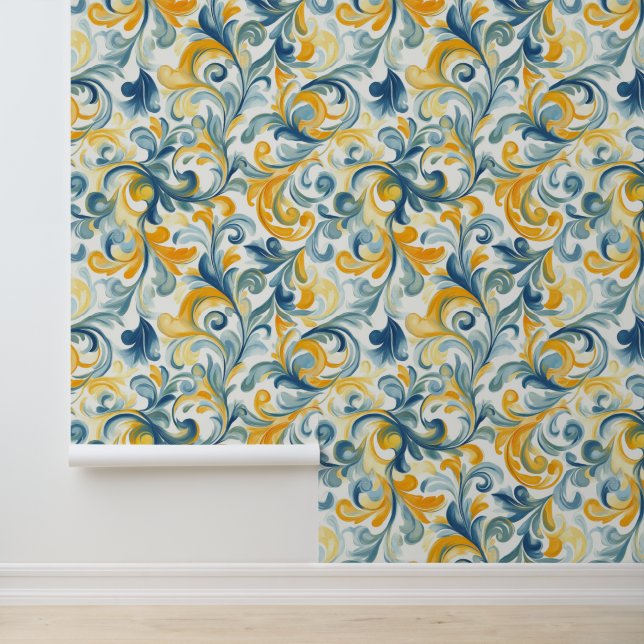 Blue and Gold Paisley Leaf Pattern Wallpaper (Application)