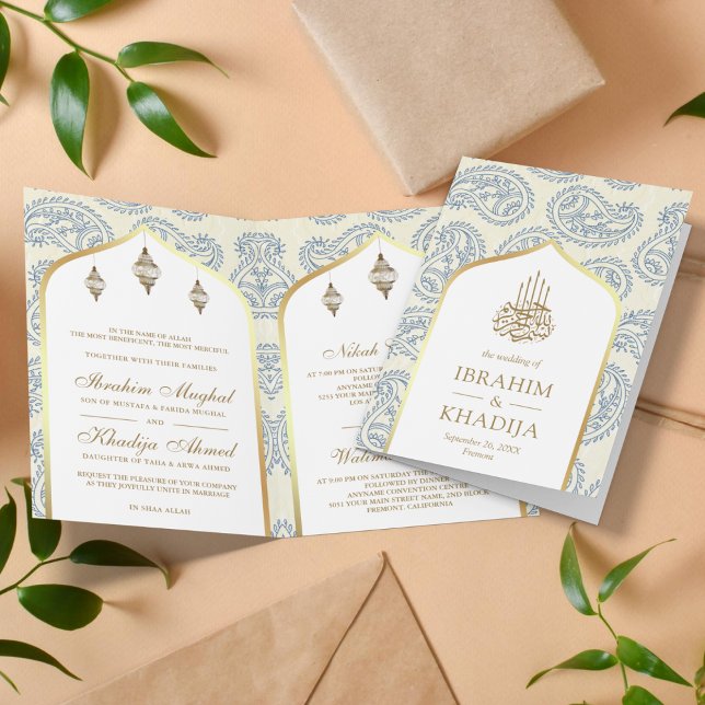 Blue and Gold Paisley QR Code Muslim Wedding Invitation (Creator Uploaded)