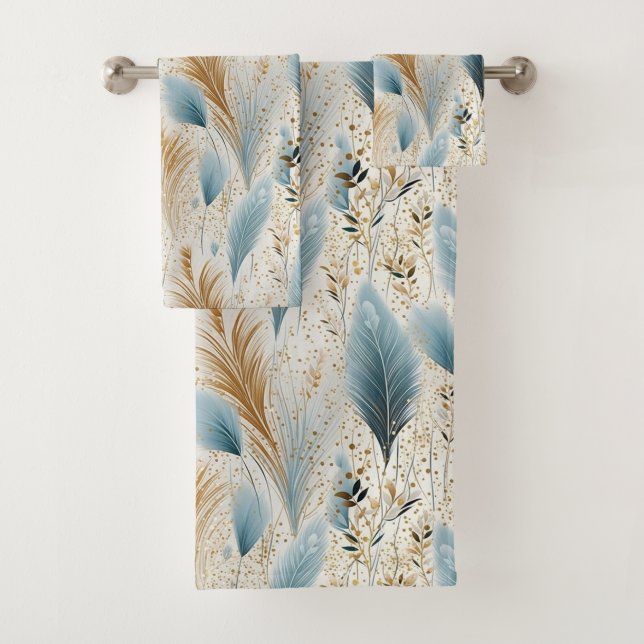 Blue and Gold Pampas Grass Bath Towel Set (Insitu)
