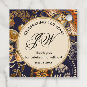 Blue and Gold Pattern 100th Birthday Thank You Favour Tags
