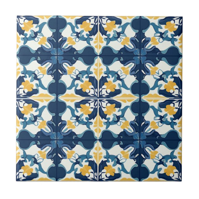 Blue and Gold Pattern Ceramic Tile (Front)