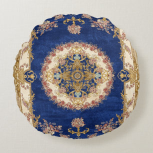 blue and gold pattern round cushion