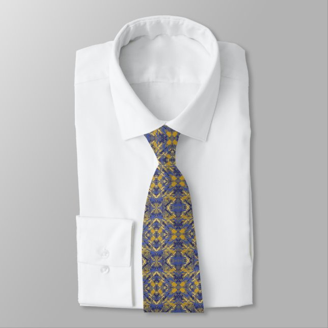 Blue and Gold Pattern Tie (Tied)