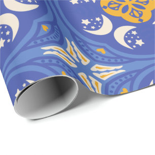 Blue and gold patterned geometric wrapping paper