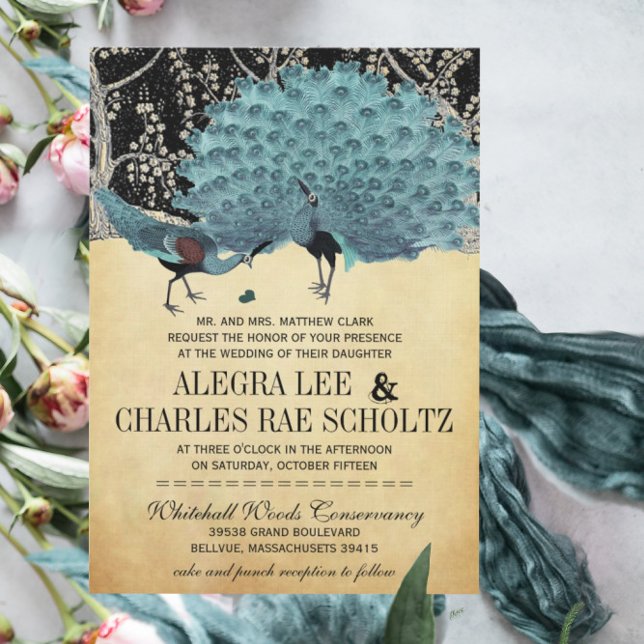 Blue and Gold Peacock Forest Grove Wedding Invitation (Creator Uploaded)