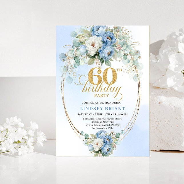 Blue and Gold Peonies 60th Birthday Invitation (Blue and Gold Peonies 60th Birthday Invitation)