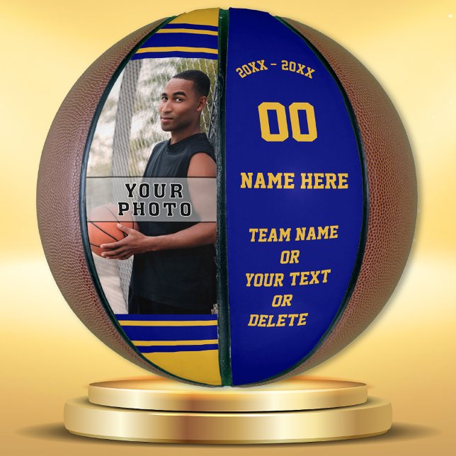 Blue and Gold Personalised Basketball with PHOTO (Photo Basketball. Senior Night Basketball Gifts. Basketball team gifts. Gifts for basketball seniors)