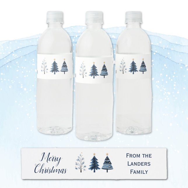 Blue and Gold Personalised Merry Christmas Trees  Water Bottle Label (Modern Blue and Gold Personalized Merry Christmas Tree Water Bottle Labels)