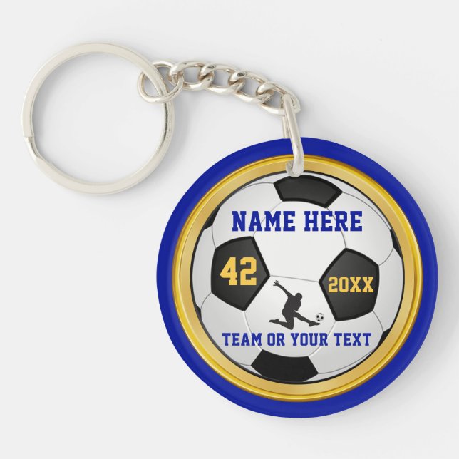 Blue and Gold PERSONALIZED Boys Soccer Gifts Key Ring (Front)